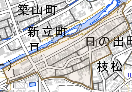 日の出町とその周辺の地図。町の範囲を重ねている