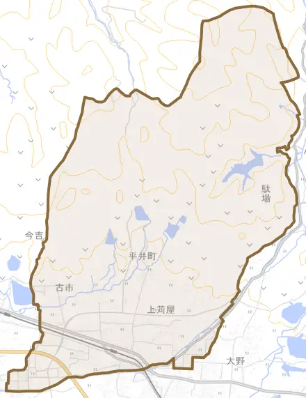 平井町とその周辺の地図。町の範囲を重ねている