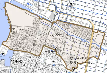 北条とその周辺の地図。町の範囲を重ねている