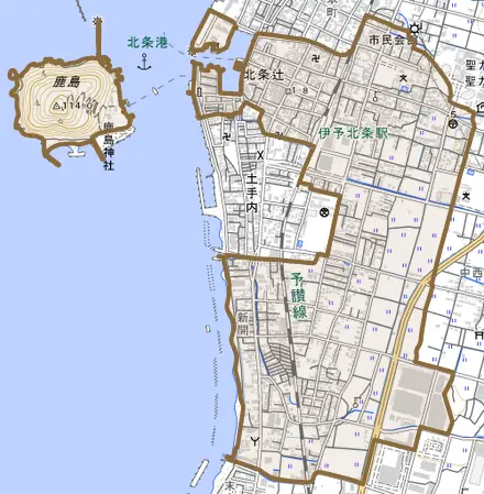 北条辻とその周辺の地図。町の範囲を重ねている