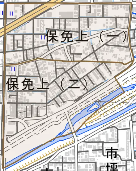 保免上とその周辺の地図。町の範囲を重ねている