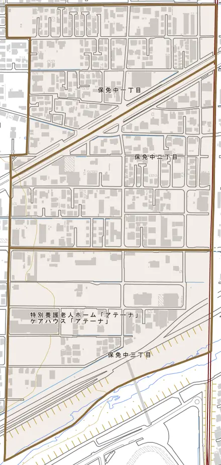保免中とその周辺の地図。町の範囲を重ねている