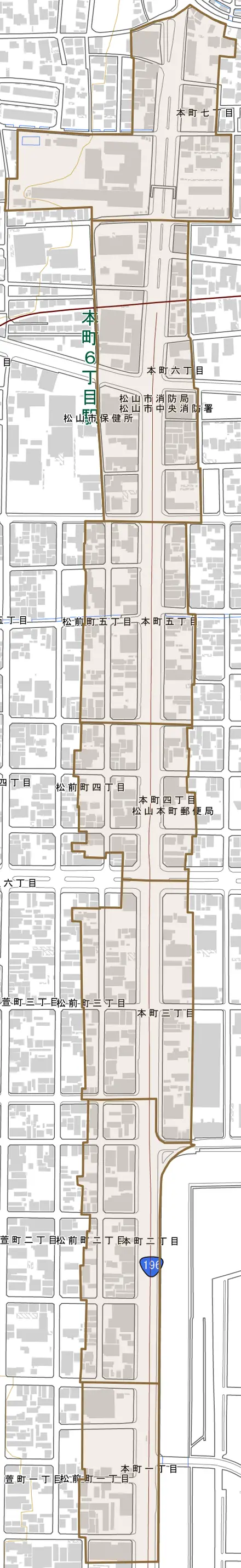 本町とその周辺の地図。町の範囲を重ねている