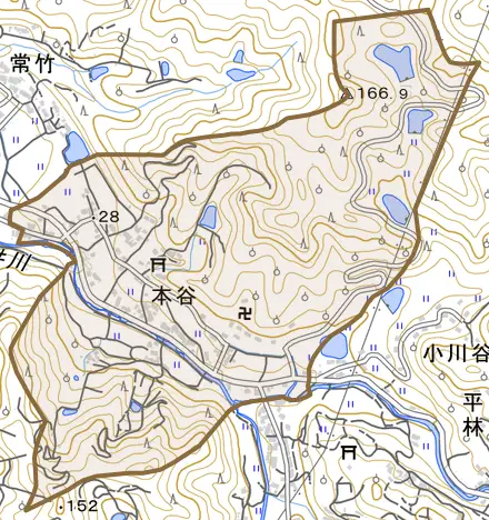 本谷とその周辺の地図。町の範囲を重ねている