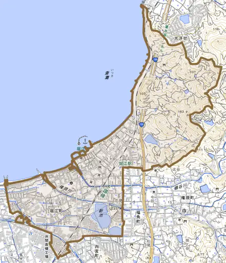 堀江町とその周辺の地図。町の範囲を重ねている