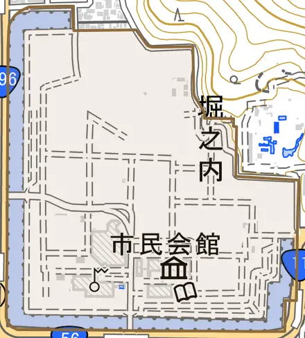 堀之内とその周辺の地図。町の範囲を重ねている