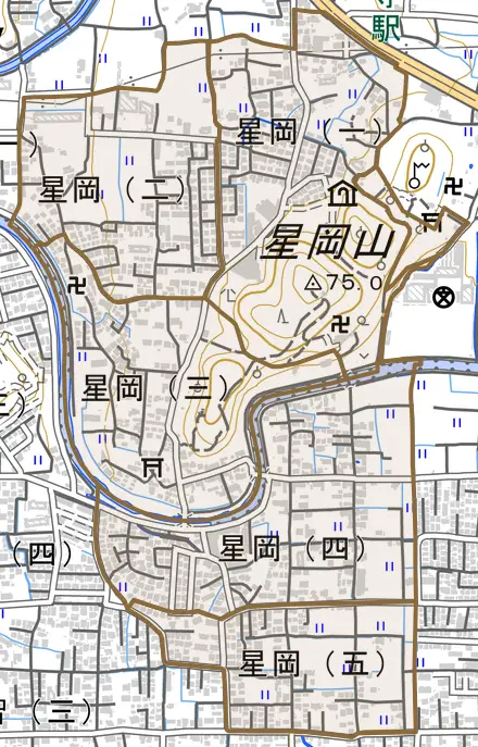 星岡とその周辺の地図。町の範囲を重ねている