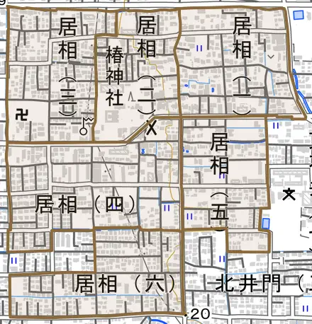 居相とその周辺の地図。町の範囲を重ねている