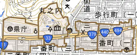 一番町とその周辺の地図。町の範囲を重ねている