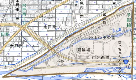市坪西町とその周辺の地図。町の範囲を重ねている