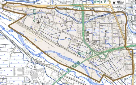 井門町とその周辺の地図。町の範囲を重ねている