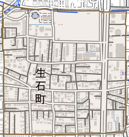 生石町とその周辺の地図。町の範囲を重ねている