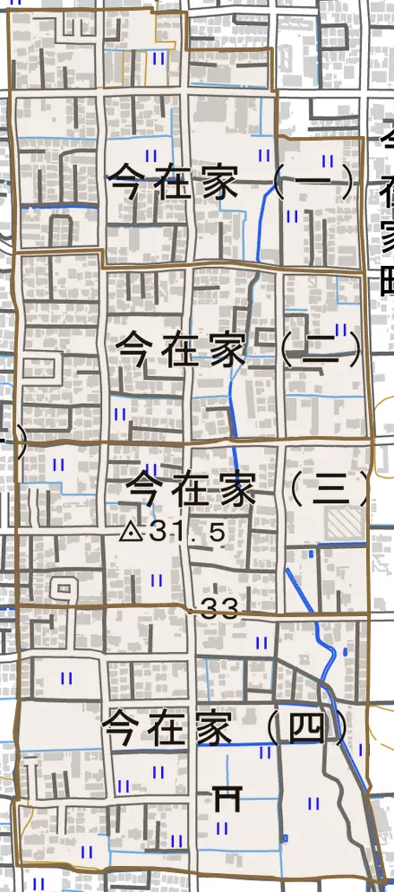 今在家とその周辺の地図。町の範囲を重ねている