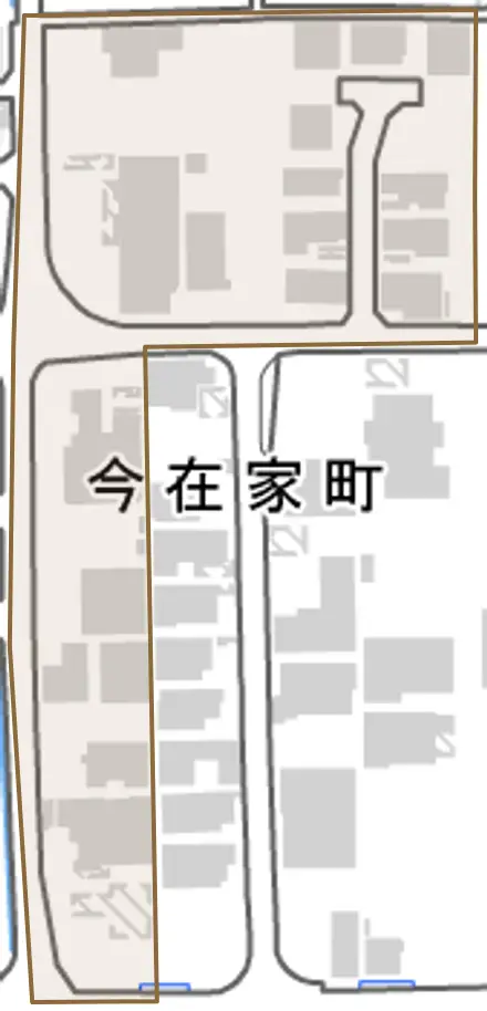 今在家町とその周辺の地図。町の範囲を重ねている