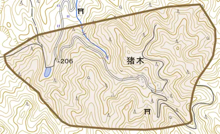 猪木とその周辺の地図。町の範囲を重ねている