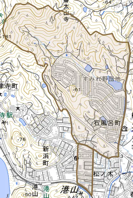 石風呂町とその周辺の地図。町の範囲を重ねている