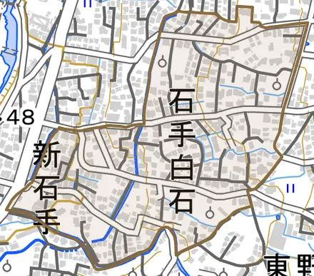 石手白石とその周辺の地図。町の範囲を重ねている