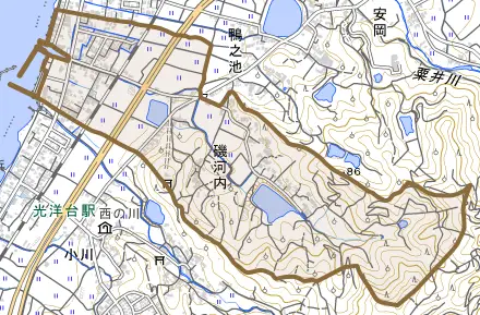 磯河内とその周辺の地図。町の範囲を重ねている