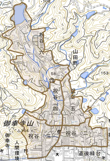 祝谷とその周辺の地図。町の範囲を重ねている
