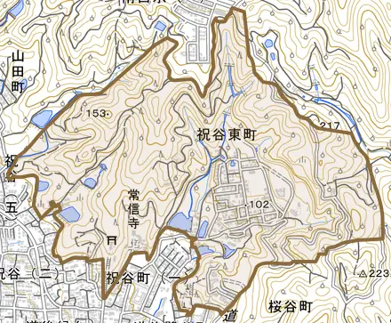 祝谷東町とその周辺の地図。町の範囲を重ねている