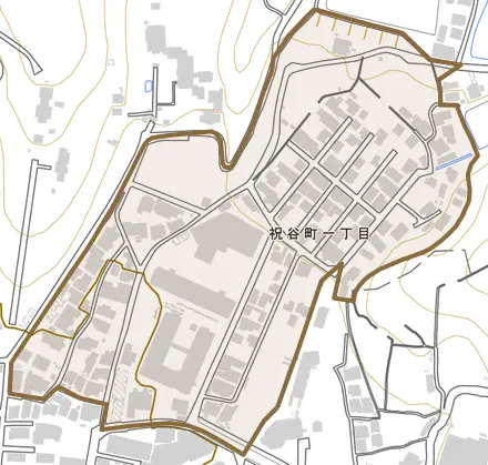 祝谷町とその周辺の地図。町の範囲を重ねている