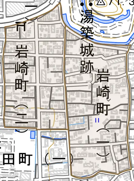 岩崎町とその周辺の地図。町の範囲を重ねている