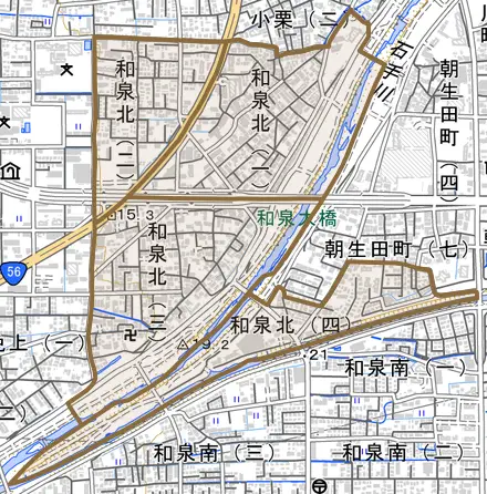 和泉北とその周辺の地図。町の範囲を重ねている