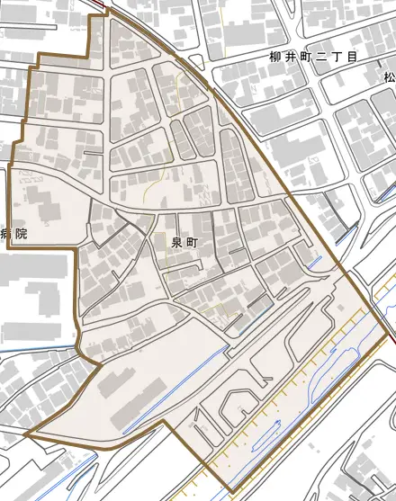 泉町とその周辺の地図。町の範囲を重ねている