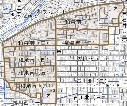 和泉南とその周辺の地図。町の範囲を重ねている