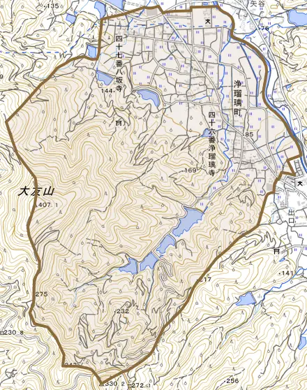 浄瑠璃町とその周辺の地図。町の範囲を重ねている