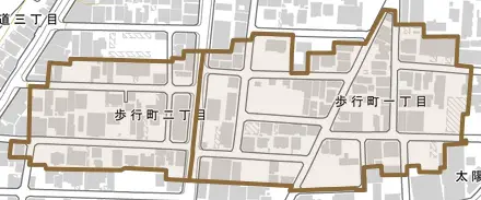 歩行町とその周辺の地図。町の範囲を重ねている