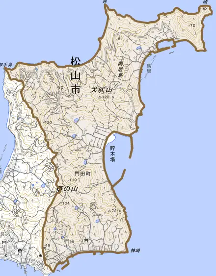 門田町とその周辺の地図。町の範囲を重ねている
