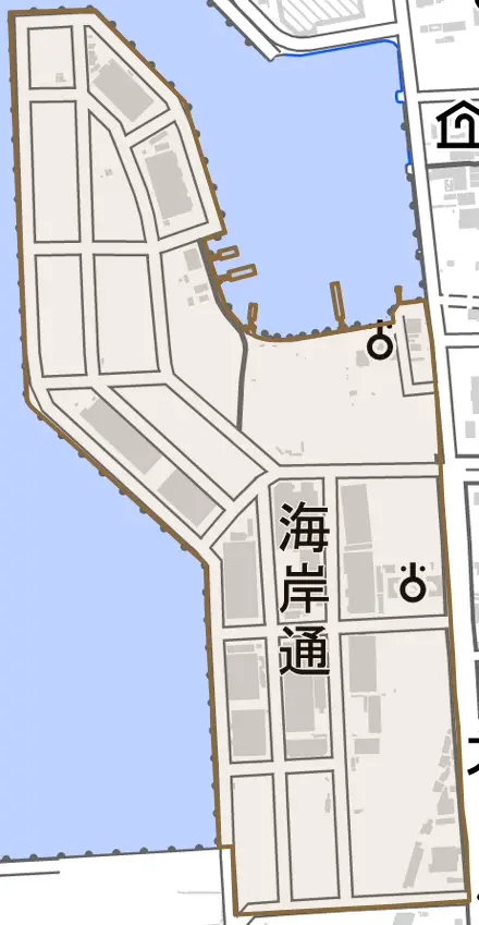 海岸通とその周辺の地図。町の範囲を重ねている