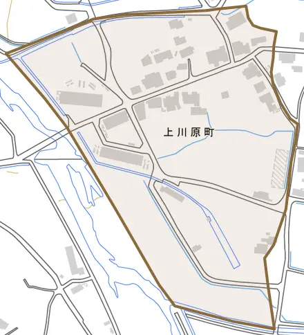 上川原町とその周辺の地図。町の範囲を重ねている
