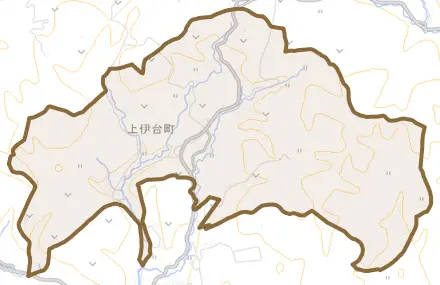 上伊台町とその周辺の地図。町の範囲を重ねている