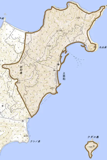 上怒和とその周辺の地図。町の範囲を重ねている