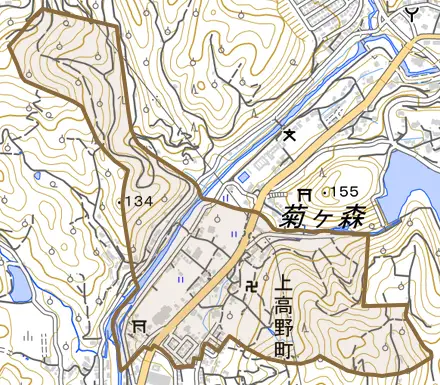 上高野町とその周辺の地図。町の範囲を重ねている