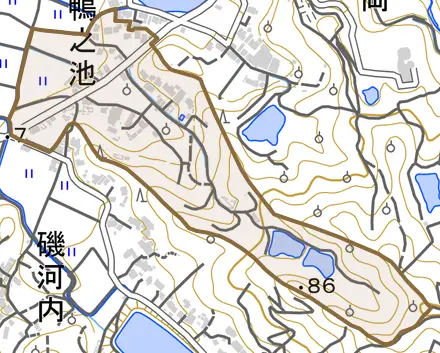 鴨之池とその周辺の地図。町の範囲を重ねている