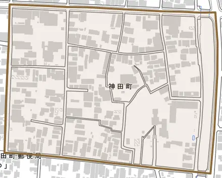 神田町とその周辺の地図。町の範囲を重ねている