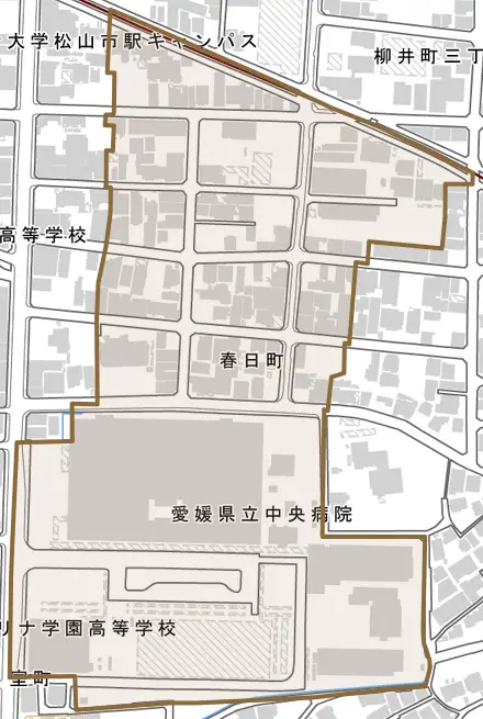 春日町とその周辺の地図。町の範囲を重ねている