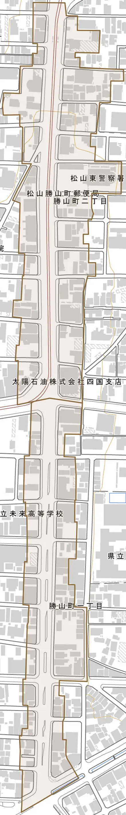 勝山町とその周辺の地図。町の範囲を重ねている