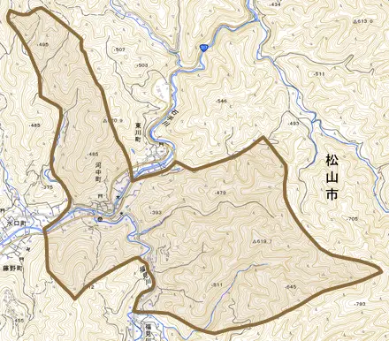 河中町とその周辺の地図。町の範囲を重ねている