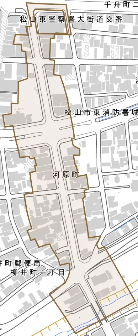 河原町とその周辺の地図。町の範囲を重ねている