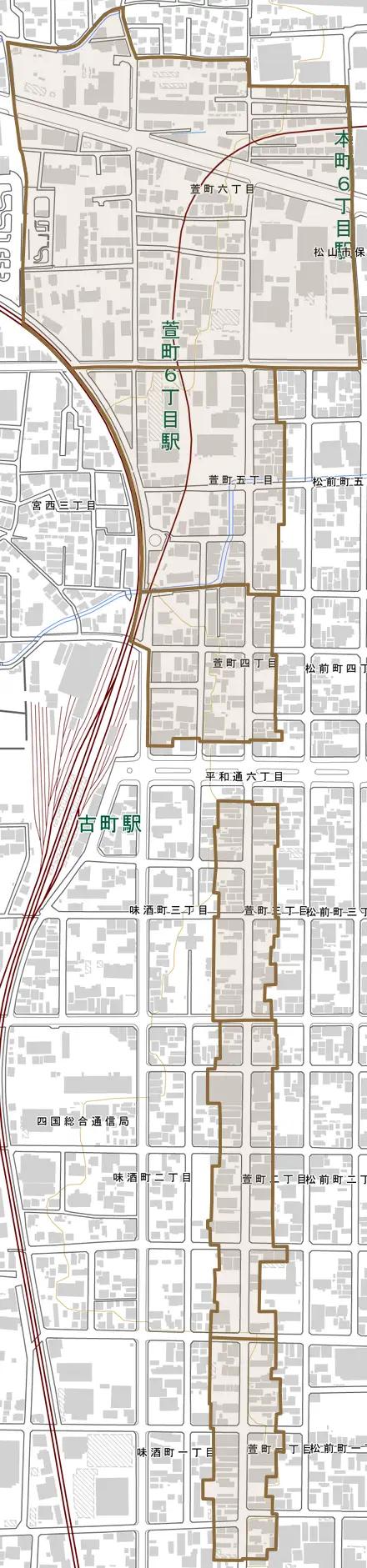 萱町とその周辺の地図。町の範囲を重ねている