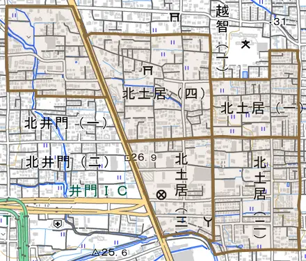 北土居とその周辺の地図。町の範囲を重ねている