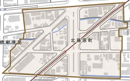 北藤原町とその周辺の地図。町の範囲を重ねている