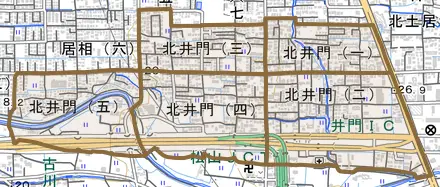 北井門とその周辺の地図。町の範囲を重ねている