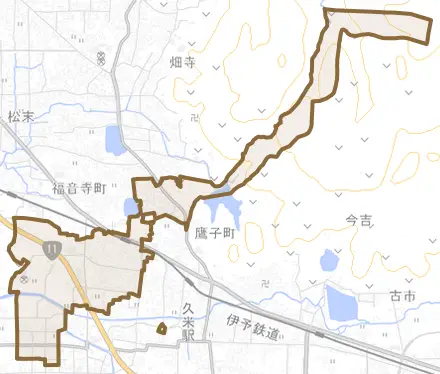 北久米町とその周辺の地図。町の範囲を重ねている