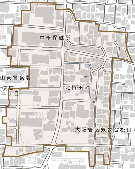 北持田町とその周辺の地図。町の範囲を重ねている