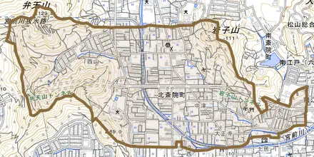 北斎院町とその周辺の地図。町の範囲を重ねている